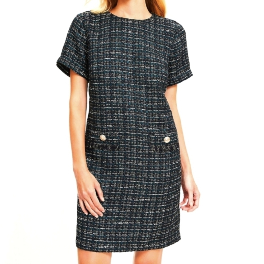 NWT..LOFT Black and Green  Sheath Mini Dress Crew Neck Short Sleeve..SIZE:12